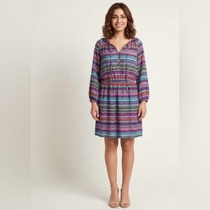 Shoshanna 100% Silk Peasant Dress Multicolor Striped V- Neckline Sz: 10‎ Casual